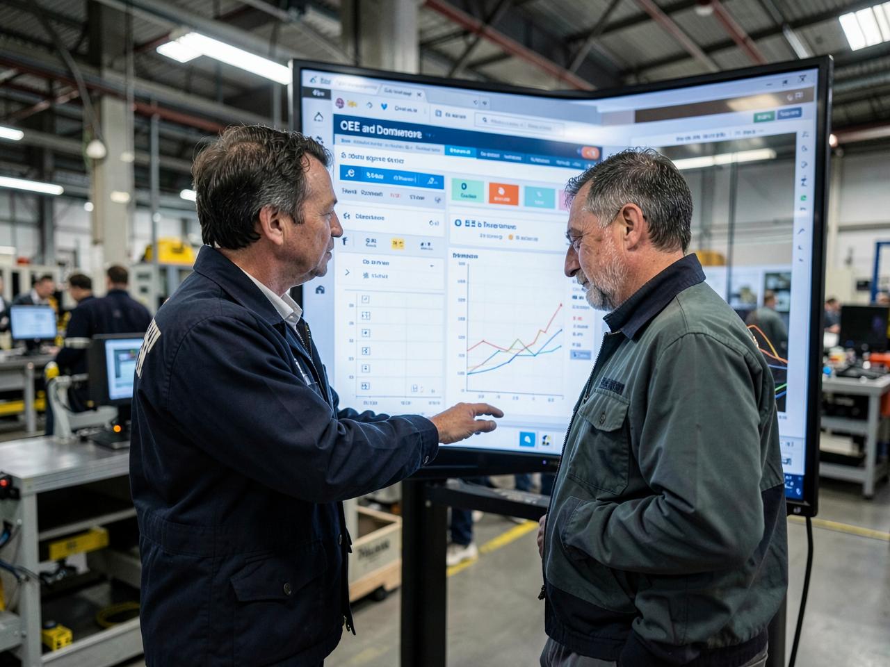 Kierownicy produkcji analizują wskaźniki OEE i przestoje na hali